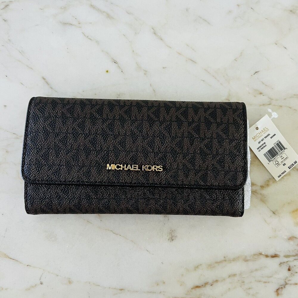 MICHAEL KORS Jet Set Travel Brown Logo Leather Tri-Fold Wallet - Picture 1 of 6